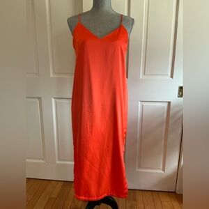 Shinestar Coral-Red Satin Slip Dress with Spaghetti Straps